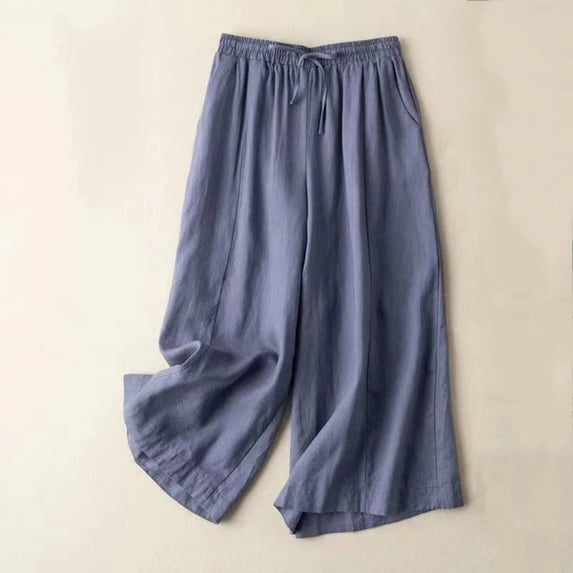 qelini Capris for Women with Pockets Workout Summer Gathering Flowers And Plants Printed Breathable Loose Casual Lightweight 2024 Fashion Cropped Trousers Pants Blue 2XL