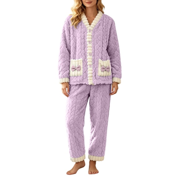qelini Cardigan Pajama Set for Women Plus Size V Neck Fleece Lined Long Sleeve Top & Pants 2 Piece Winter Sleepwear Ptint Home Wear