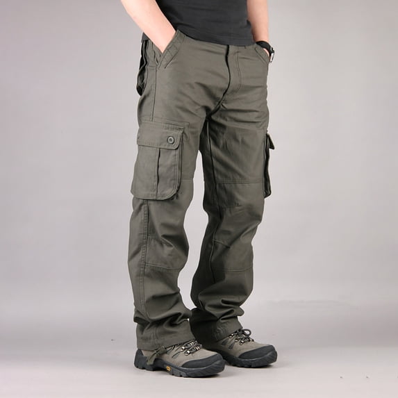 qelini Cargo Pants Men Straight Leg Trousers Multiple Pockets Elastic Waist Solid Color Jogger Full Length Pants
