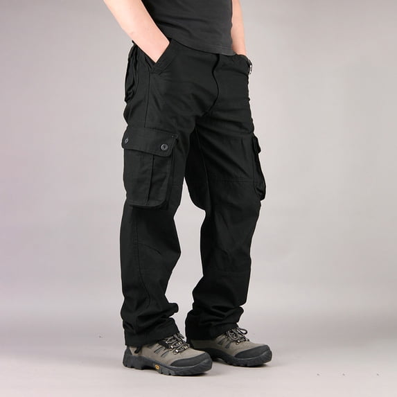 qelini Cargo Pants Men Straight Leg Trousers Multiple Pockets Elastic Waist Solid Color Jogger Full Length Pants