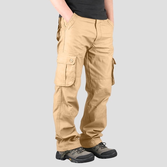 qelini Cargo Pants Men Straight Leg Trousers Multiple Pockets Elastic Waist Solid Color Jogger Full Length Pants
