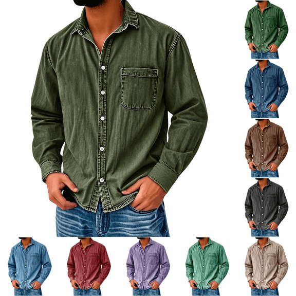 qelini Mens Casual Button Down Shirts Long Sleeve Washed Distressed Denim Jacket Cotton Solid Collared Tops