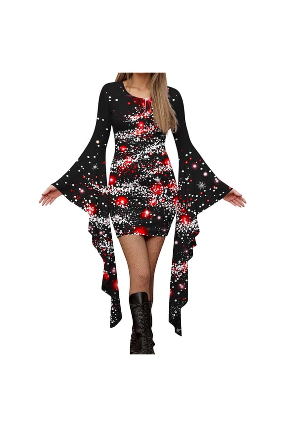 Christmas Dress for Women Bell Sleeve Xmas Trees Print Crewneck Irregular Dress Holiday Party Dresses