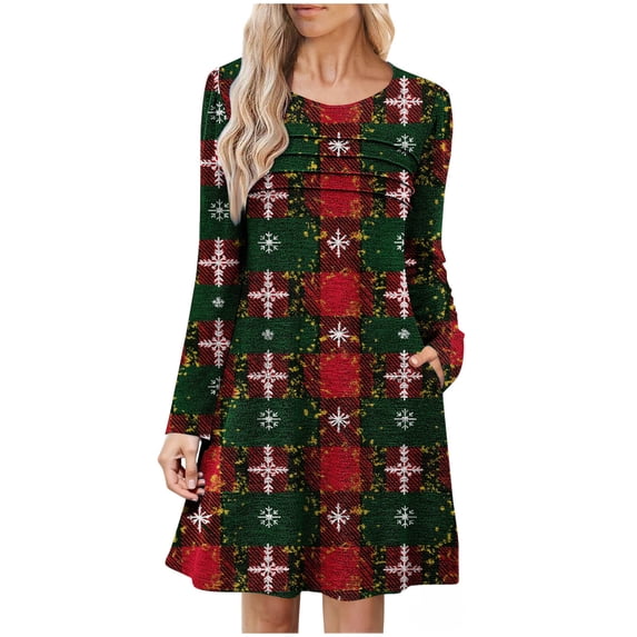 qelini Christmas Dress for Women Long Sleeve Xmas Trees Print Crewneck Pleated Dress Holiday Party Dresses with Pockets