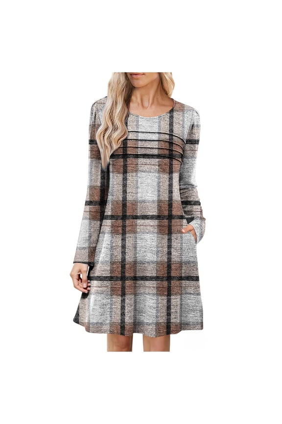 Christmas Dresses for Women Plus Size Long Sleeve Plaid Crewneck Pleated Dress Holiday Party Dresses with Pockets