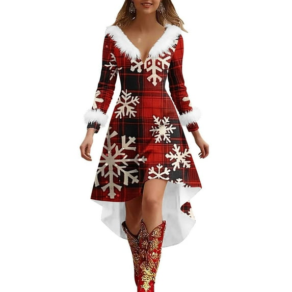 qelini Christmas Dresses for Women Plus Size Long Sleeve Snowflake Print Furry V Neck A Line Dress Holiday Party Dresses