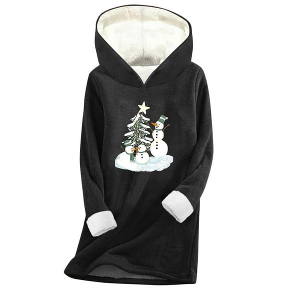 qelini Christmas Fleece Hoodies for Women Snowman Print Hooded Pullover Long Sleeve Tops Thermal Warm Clothes