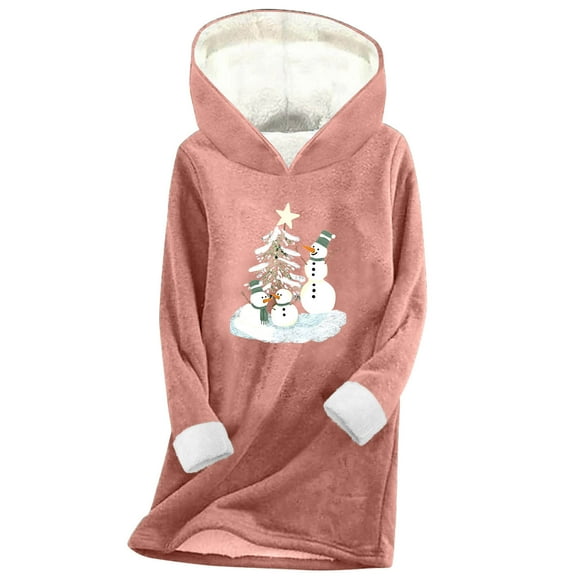 qelini Christmas Fleece Hoodies for Women Snowman Print Hooded Pullover Long Sleeve Tops Thermal Warm Clothes