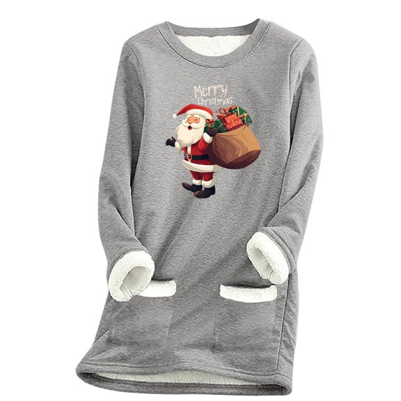 qelini Christmas Fleece Tops for Women Santa Claus Print Crewneck Pullover Long Sleeve Tunic Blouses Thermal Warm Clothes