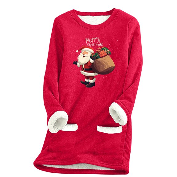qelini Christmas Fleece Tops for Women Santa Claus Print Crewneck Pullover Long Sleeve Tunic Blouses Thermal Warm Clothes
