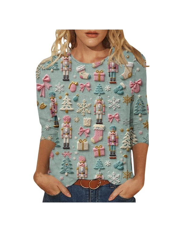 Christmas Graphic T Shirt for Women Plus Size 3/4 Sleeve Crew Neck Sweatershirt Christmas Print Christmas Nutcracker Graphic Top