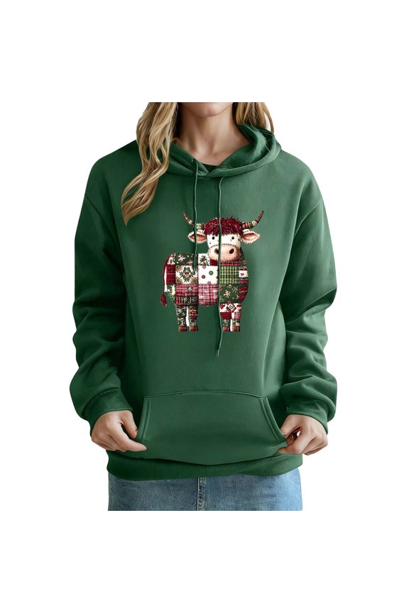 Christmas Hoodie for Women Plus Size Long Sleeve Jackets Pocket Hooded Overcoat Print Autumn Winter Casual Coat