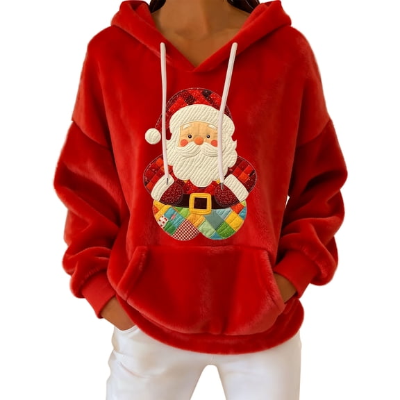 qelini Christmas Hoodies Women Santa Claus Print Pullover Dropped Shoulder Long Sleeve Sweatshirts Casual Holiday Tops