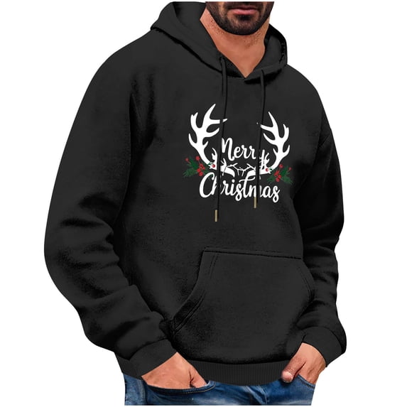 qelini Christmas Hoodies for Men Long Sleeve Pullover Reindeer Print Drawstring Hooded Sweatshirts Casual Tops