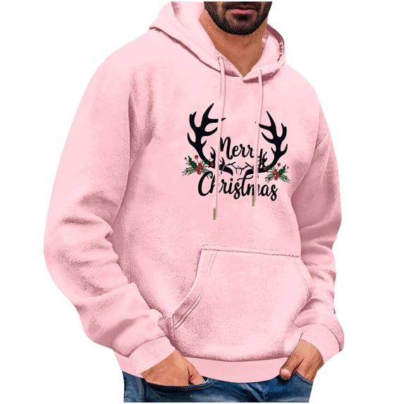 qelini Christmas Hoodies for Men Long Sleeve Pullover Reindeer Print Drawstring Hooded Sweatshirts Casual Tops
