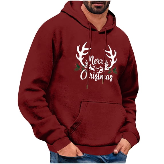 qelini Christmas Hoodies for Men Long Sleeve Pullover Reindeer Print Drawstring Hooded Sweatshirts Casual Tops