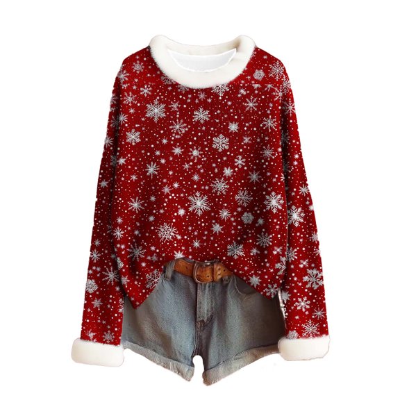 qelini Christmas Shirts for Women Long Sleeve Crewneck Pullover Ribbed Snowflake Print Tops Trendy Holiday Blouses