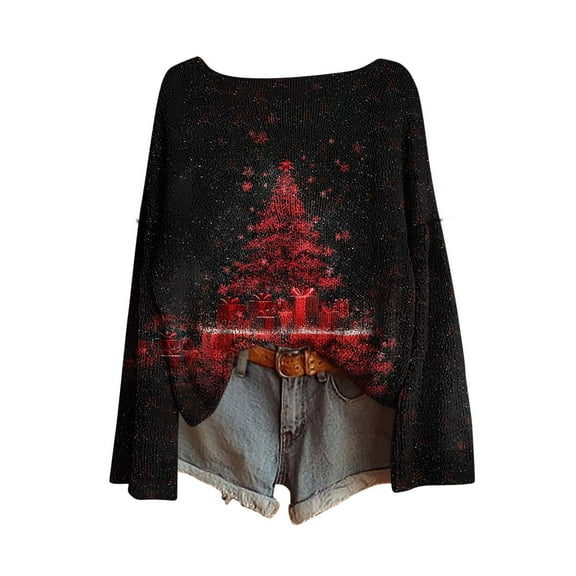 qelini Christmas Shirts for Women Plus Size Xmas Tree Print Crewneck Pullover Long Sleeve Tunic Tops Dressy Holiday Blouses