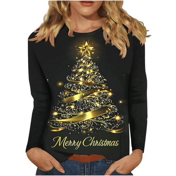 qelini Christmas Shirts for Women Xmas Tree Print Crewneck Pullover Lightweight Long Sleeve Tops Baggy Holiday Clothes