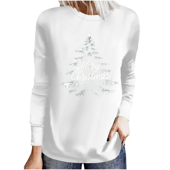 qelini Christmas Shirts for Women Xmas Tree Print Crewneck Pullover Long Sleeve Tops Thermal Holiday Blouses