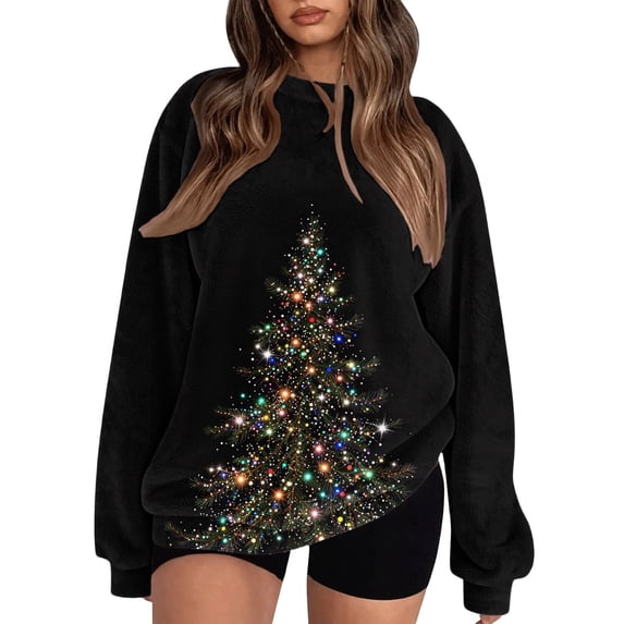 qelini Christmas Sweatshirts for Women Plus Size Long Sleeve Crew Neck Sweatershirt Christmas Print Pullover Tops