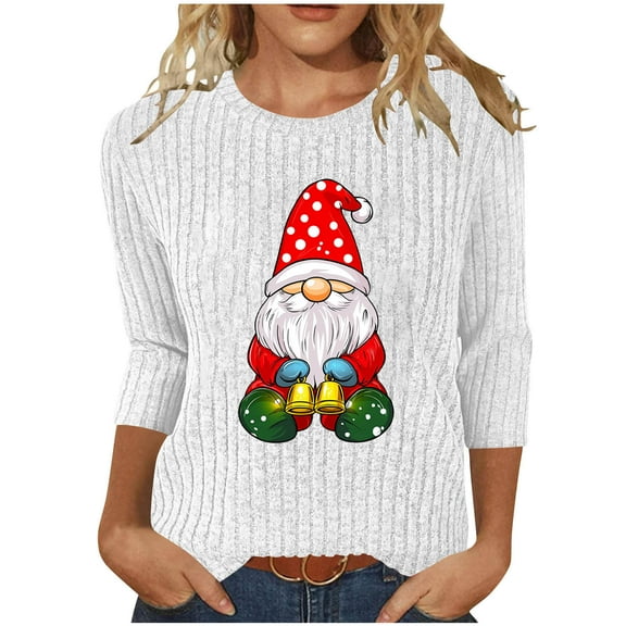 qelini Christmas T Shirts for Womens Dwarf Print Crewneck Pullover Ribbed 3/4 Sleeve Tops Casual Holiday Blouses
