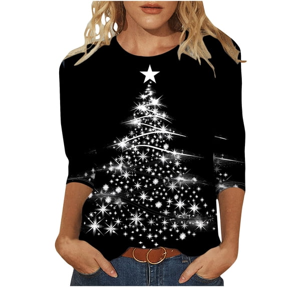 qelini Christmas Tee Shirts for Women 3/4 Sleeve Xmas Trees Print Pullover Tops Crewneck Tunic Trendy Holiday Blouses