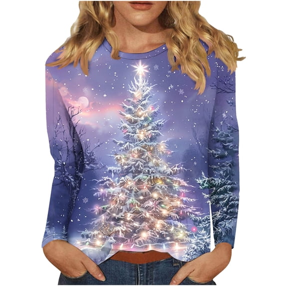 qelini Christmas Tee Shirts for Women Xmas Tree Print Crewneck Pullover Long Sleeve Tops Loose Holiday Clothes