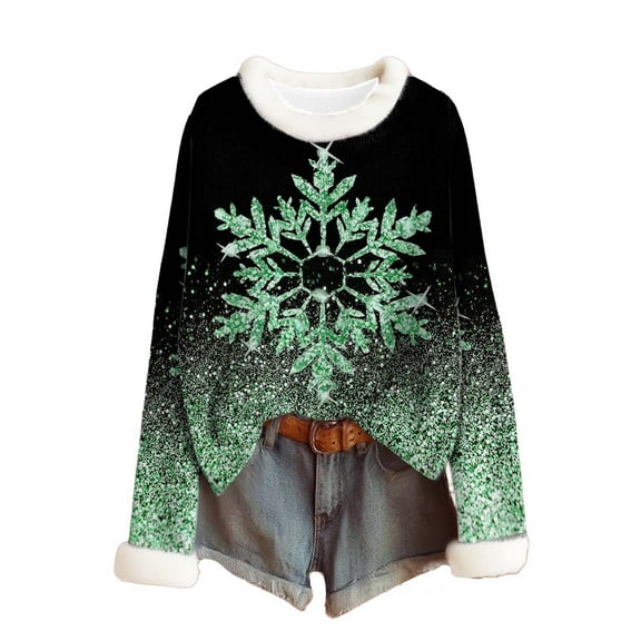 qelini Christmas Tops for Women Snowflake Print Crewneck Pullover Ribbed Long Sleeve Blouses Funny Holiday Clothes