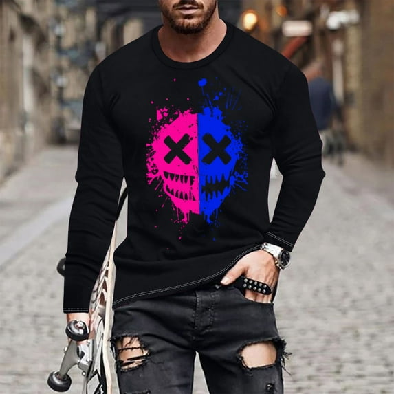 qelini Comfort Colors Tshirt Men Graphic Long Sleeve Plus Size Round Neck Halloween Costumes Pullover Tops Fall amd Winter Cute Novelty Print Grimace Skeleton Party Black 3XL