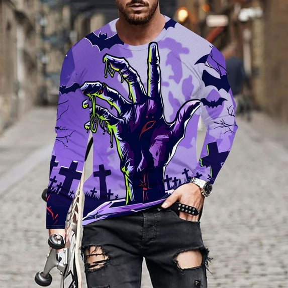 qelini Comfort Colors Tshirt Men Graphic Long Sleeve Plus Size Round Neck Halloween Costumes Pullover Tops Fall amd Winter Ghost Print Witch Shadow Skeleton Party Multicolor S