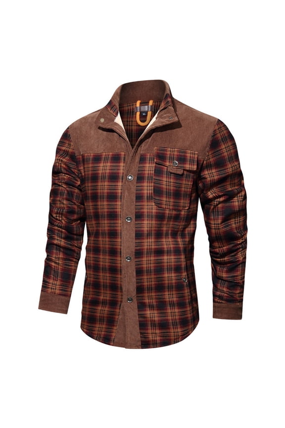 Corduroy Jacket Men Long Sleeve Fleece Lined Coats Plaid Button Down Jackets Casual Winter Outerwear