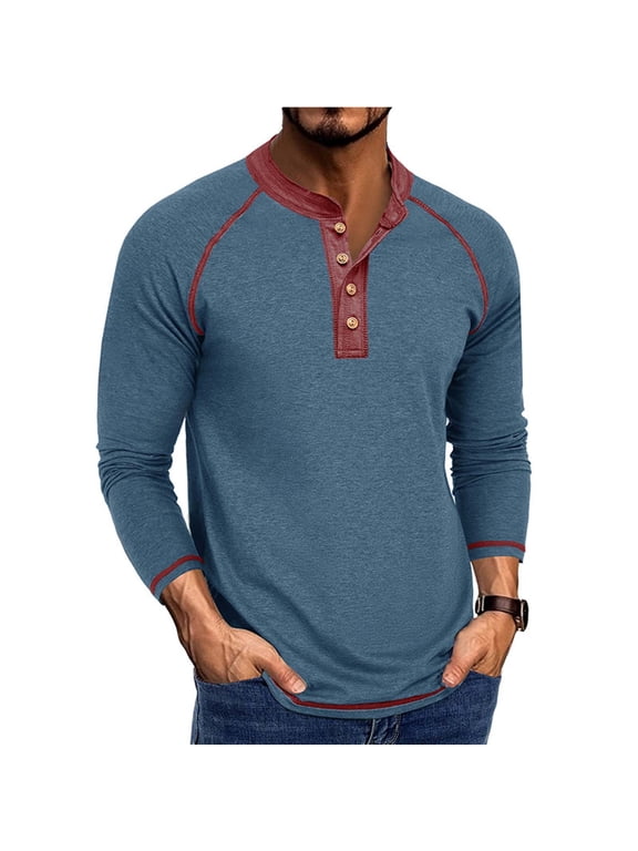 Crewneck Shirts Men Long Sleeve Button Casual Lightweight T-Shirt Basic Pullover Solid Color Tee Tops Blue S