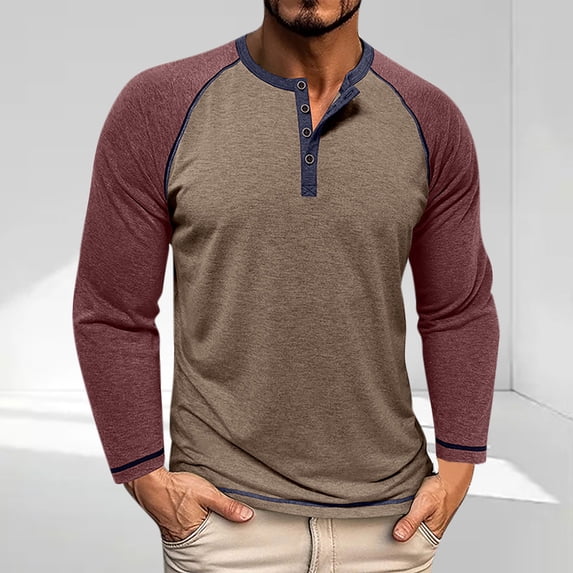 qelini Crewneck Shirts Men Long Sleeve Button Casual Lightweight T-Shirt Basic Pullover Solid Color Tee Tops Khaki M