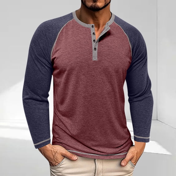 qelini Crewneck Shirts Men Long Sleeve Button Casual Lightweight T-Shirt Basic Pullover Solid Color Tee Tops Wine L