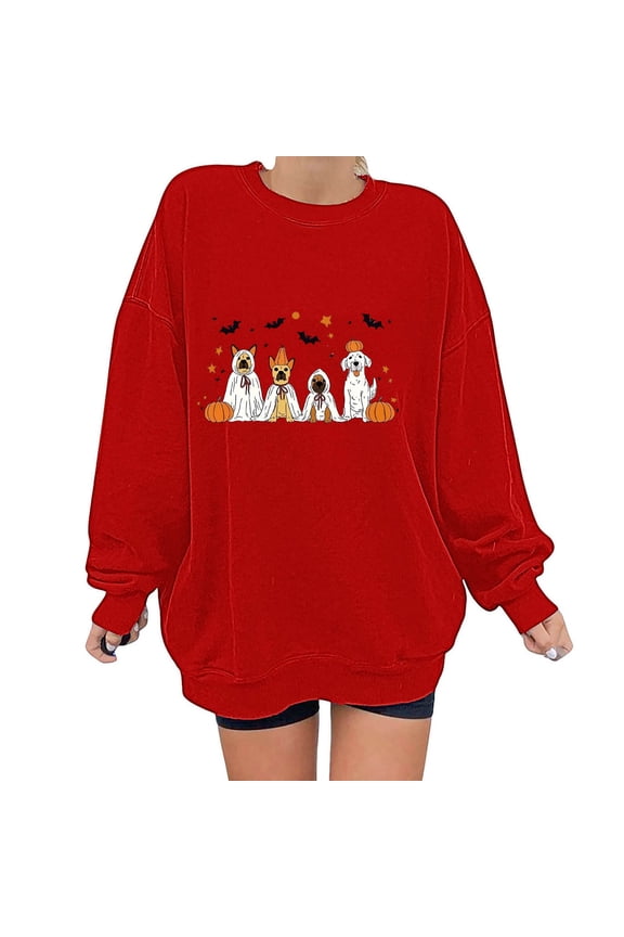 Crewneck Sweatshirts Women Graphic Halloween Long Sleeved Sweatshirt Oversized Cute Ghost Print Spooky Season Holiday Party Sweater Fall Winter Pullover Top Red 2XL