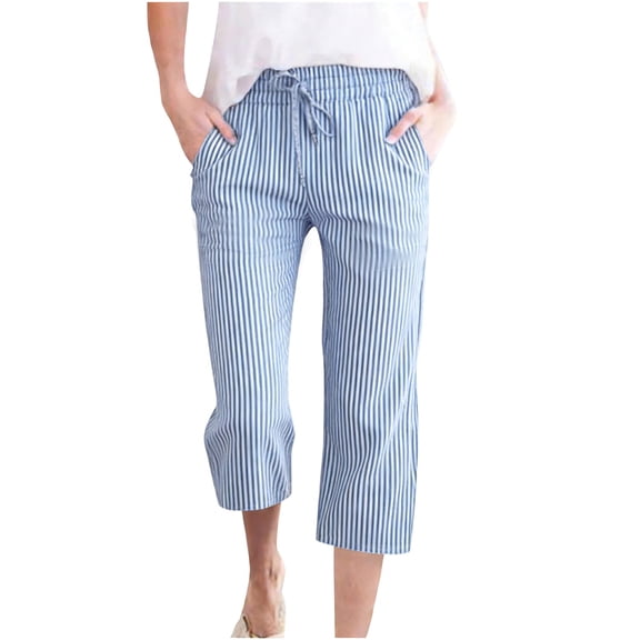 qelini Cropped Pants Women Plus Size Straight Leg Striped Capris Pocket Drawstring Waist Print Ankle Pants Capris