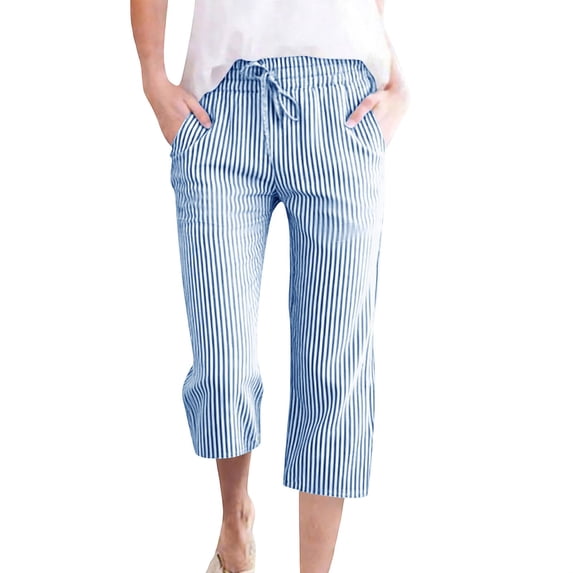 qelini Cropped Pants Women Plus Size Straight Leg Striped Capris Pocket Drawstring Waist Print Ankle Pants Capris