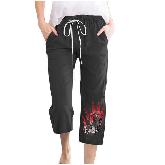 qelini Drawstring Waist Pants for Women Plus Size Capris Pants Pockets Print Ankle Pants Daily Wear