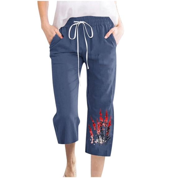qelini Drawstring Waist Pants for Women Plus Size Capris Pants Pockets Print Ankle Pants Daily Wear
