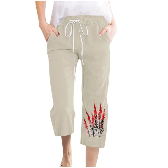 qelini Drawstring Waist Pants for Women Plus Size Capris Pants Pockets Print Ankle Pants Daily Wear