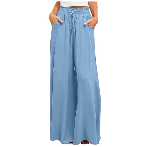qelini Drawstring Wide Leg Pants Women Plus Size Solid Color High Waist Flowy Summer Lounge Pants Sky Blue 2XL