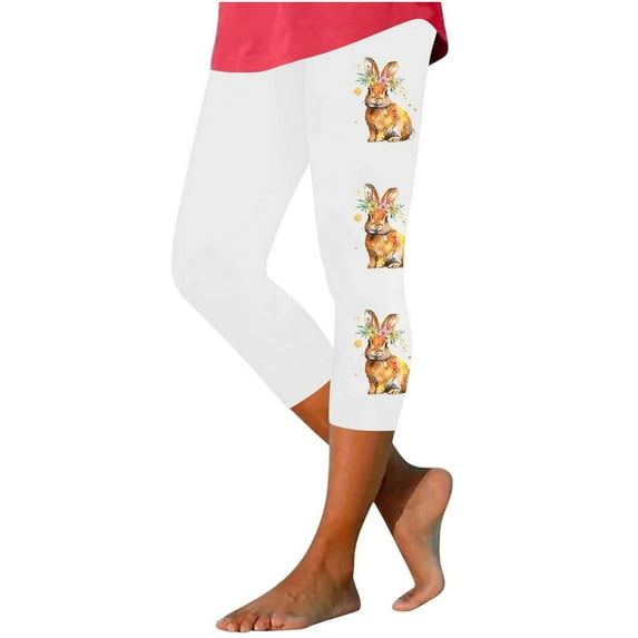qelini Easter Leggings for Women Plus Size Cropped Pants Elastic Waist Bunny and Egg Print Ankle Pants Capris