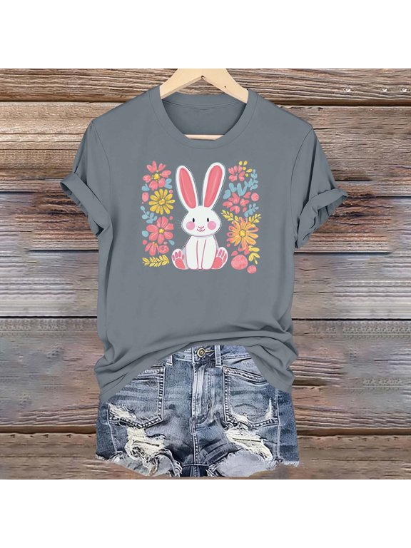 Easter Shirt Womens Crew Neck Short Sleeve Pullover Tops Bunny Print Casual Holiday Camp Top Spring Summer