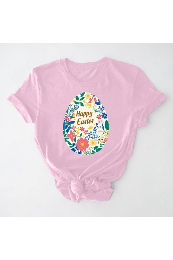 Easter Shirt Womens Plus Size Crew Neck Short Sleeve Teen Bunny and Egg Print T-Shirt Casual Spring Tops