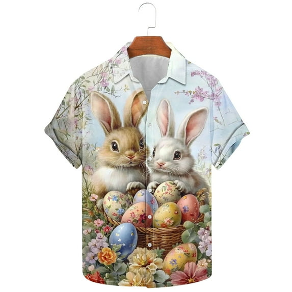 qelini Easter Shirt for Men Crew Neck Short Sleeve Button Down Shirt Bunny Print T-Shirt Graphic Spring Outfit
