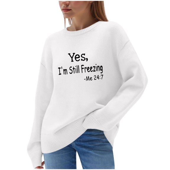 qelini Fall Sweaters for Women Sayings Letter Print Crewneck Pullover Long Sleeve Tops Casual Dressy Knitted Blouses