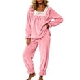 thumbnail image 1 of qelini Flannel Pajama Set for Women Plus Size Lace Trim Long Sleeve Top & Pants 2 Piece Winter Sleepwear with Square Neck Ptint Home Wear, 1 of 4