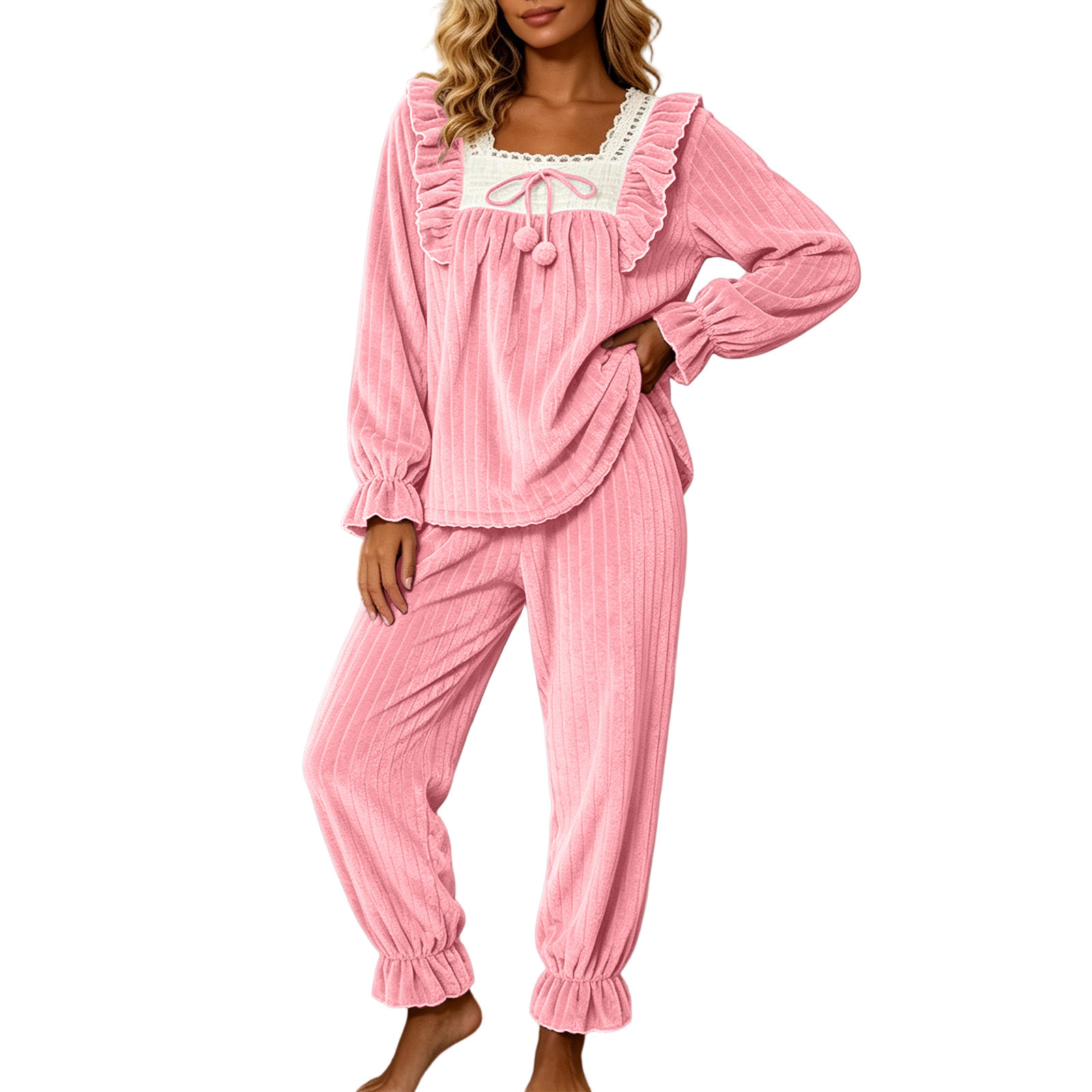qelini Flannel Pajama Set for Women Plus Size Lace Trim Long Sleeve Top & Pants 2 Piece Winter Sleepwear with Square Neck Ptint Home Wear