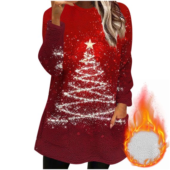 qelini Fleece Blouses for Women Xmas Tree Print Crewneck Pullover Christmas Long Sleeve Tunic Tops Thermal Warm Clothes
